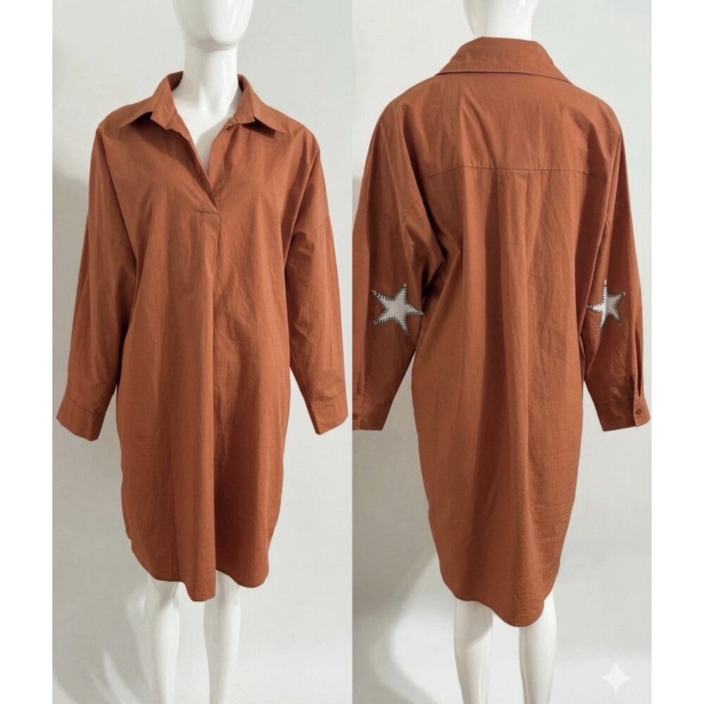 Caryn Lawn Shirt Dress Orange Cotton Poplin Star Elbow Patch Women’s Approx L/XL